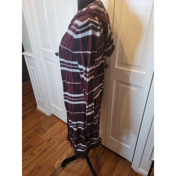 Burgundy/White Ribbed Striped Duster Hoodie Fringe Faded Glory 4/6 Boho Retro - Picture 4 of 6
